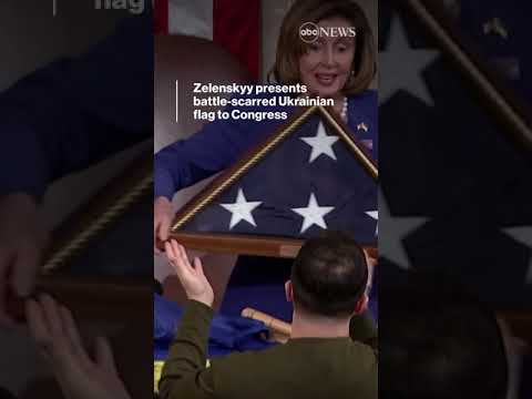 You are currently viewing Zelenskyy presents battle-scarred Ukrainian flag to Congress