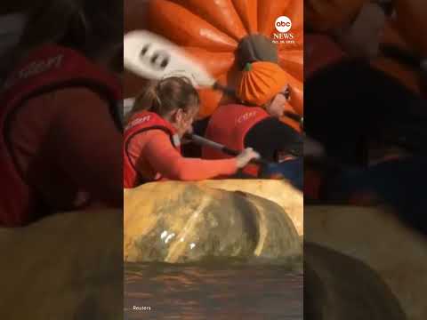 You are currently viewing Paddlers race in boats carved from pumpkins in annual Belgian tradition