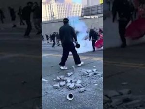 Read more about the article ‘No Kings’ protesters hurl cement blocks, CLASH with federal agents #foxnews #news #shorts #airport