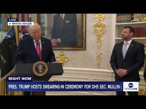 Read more about the article LIVE: President Trump hosts swearing-in ceremony for Homeland Security Sec. Markwayne Mullin