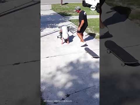 Read more about the article Toddler on tricycle can’t quite replicate dad’s skateboard trick