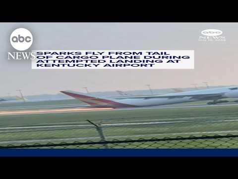 You are currently viewing Sparks fly from tail of cargo plane during attempted landing