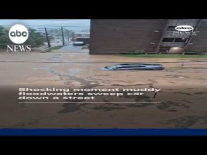 Read more about the article Shocking moment muddy floodwaters sweep car down street